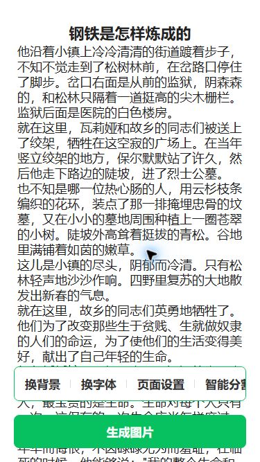 猫制图文章初始预览,正文下方显示背景、字体和页面设置工具