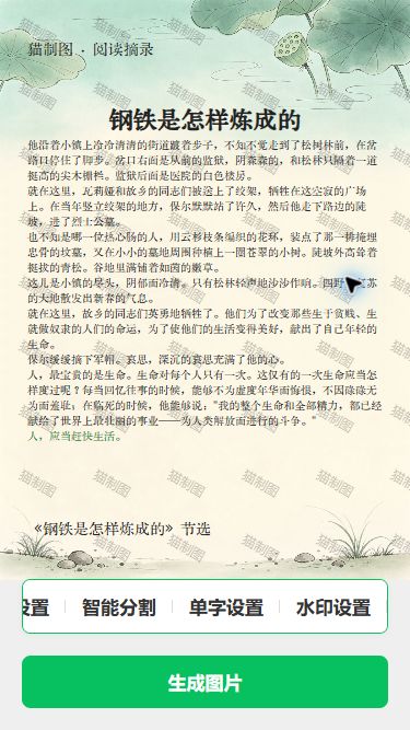生成前的完整预览,荷叶背景、阅读摘录页头、来源页尾、水印和绿色结尾句均已显示